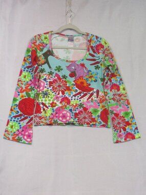 Oilily Floral Cat Long Sleeve Cotton Crew Neck Tee Multicolor Size Medium